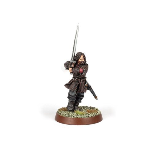 Painted miniature of Aragorn in attack pose. From the cover of the Heroes of Helms Deep box set.