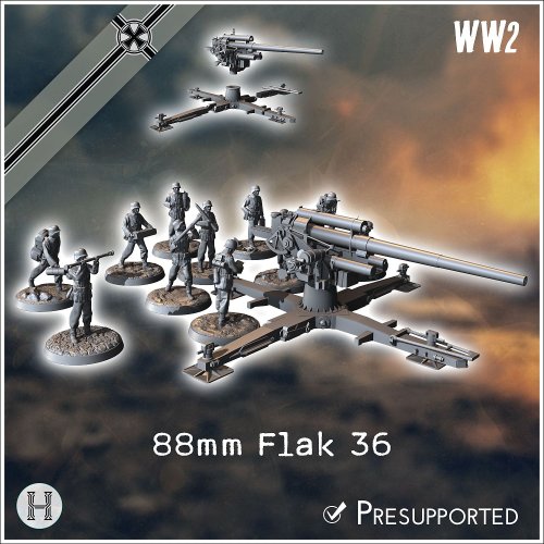 88 mm 8,8 Flak 36 German Anti-Aircraft And Anti-Tank Gun (With 11 Crew Figures) - Germany Eastern Western Front Normandy Stalingrad Berlin Bulge Wwii