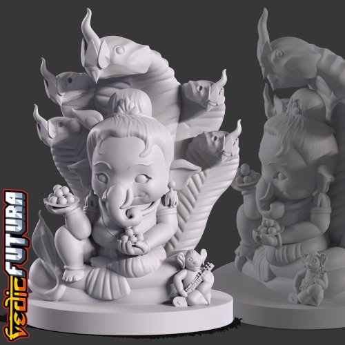 Chibi Ganesh With Serpent Hood And Mouse Musician